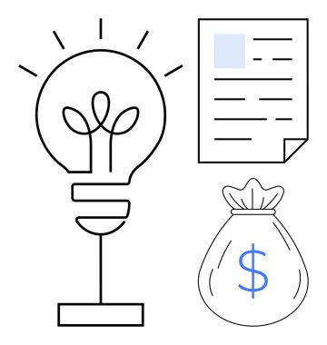 Yaratıcılık için ampul, kaynaklar için belge ve finansman için para çantası. Yenilik, yatırım, strateji, girişimcilik, ekonomik büyüme, basit düz metafor planlaması için ideal