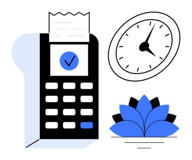 Faturası ve onaylanmış kenesi olan ödeme terminali, saati gösteren saat ve nilüfer çiçeği. Finans, dakiklik, verimlilik, meditasyon, iş sağlığı ve denge için idealdir. Basit düz metafor