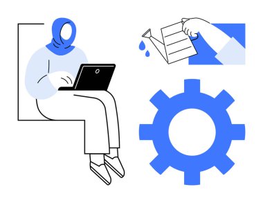 Dizüstü bilgisayar kullanan bir kadın, su dolu bir teneke kutu ve büyüme, üretkenlik ve yeniliği temsil eden bir vites. İş yeri çeşitliliği, kalkınma, takım çalışması, strateji fikirleri eğitimi için ideal