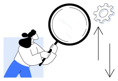 Bir kadın elinde büyüteçle yukarı ve aşağı ok atan bir dişliyi inceliyor. Yenilik, analiz, inceleme, süreç iyileştirme, karar verme, mekanik ve keşif için ideal. Basit düz