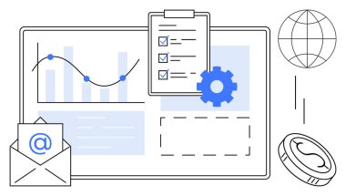 Moda çizgileri olan çizelge, panoda kontrol listesi, e-posta zarfı, vites, dünya ve madeni para. Üretkenlik için ideal, takım çalışması finans karar verme küresel içgörü iletişim stratejisi. Basit düz