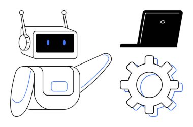 Robot vites ve dizüstü bilgisayarı gösteriyor, yenilikleri, robotları, mühendisliği, yapay zekayı, otomasyonu vurguluyor. Teknoloji, yazılım, makine öğrenme fütüristik tasarım takım çalışması ve dijital dönüşüm için ideal