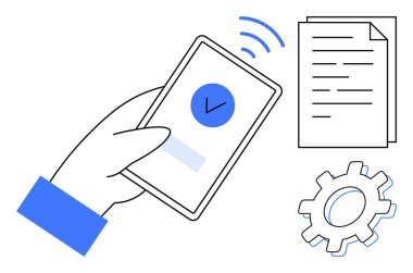 El ele tutuşan akıllı telefon doğrulama işareti gösteriyor, onaylanmış doğrulama sinyali veriyor. Yakın belge ve çark veri işleme ve iş akışını belirtir. Güvenlik ve kimlik doğrulama için ideal