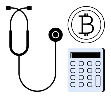 Bitcoin sembolü ve hesap makinesinin yanında stetoskop, sağlık, dijital finans ve ekonomik analizlerin harmanlanması. Tıbbi finans, kripto para birimi, sağlık bütçesi, fintech, ekonomi için ideal