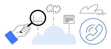 Veri odaklı el ele tutuşan büyüteç, bulmaca parçalı bulut, takvim ve telefon simgeleri. Bulut hesaplama, analitik, entegrasyon, zamanlama, iletişim yeniliği için ideal