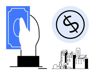 Mavi gagalı bir el, daire içinde büyük bir dolar işareti ve ağaçlı ve güneş panelli çevre dostu binalar içeren bir şehir manzarası. Finans, yatırım, sürdürülebilirlik ve kentleşme için ideal