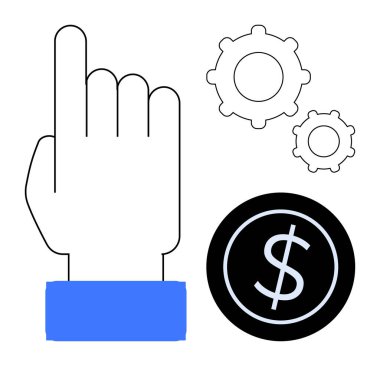 Yukarıya bakan el işaretleri, dişli çarklar ve finansal işlemleri, otomasyonu ve teknolojiyi tasvir eden dolar işareti simgesi. İş için ideal, çevrimiçi ödeme, fintech, ekonomi üretkenlik bankacılığı