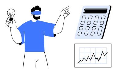 Ampul tutan VR kulaklık takan adam büyük hesap makinesi ve grafik grafiğini işaret ediyor. Yenilik, teknoloji, veri analizi, iş planlaması, eğitim, finans yaratıcılığı için idealdir. Basit.