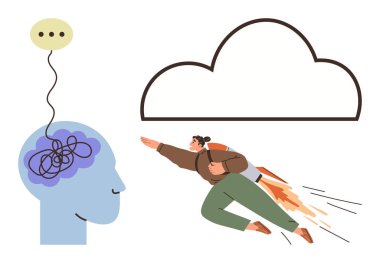 Konuşmaya bağlı karmaşık düşünceleri olan soyut beyin, bulutlara doğru uçan insan. Yaratıcılık, problem çözme, zihinsel sağlık, yenilik, büyüme, hırs, esneklik için ideal