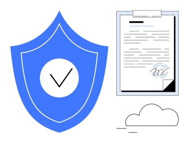 İşaretli mavi kalkan, imzalı belge ve bulut elementi. Güvenlik, gizlilik, anlaşma, uyum, dijital güvenlik güvenilirliği için ideal. Basit düz metafor