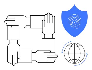 Birliği sembolize eden dört el, güvenlik kalkanında mavi parmak izi, küresel işbirliği için okları olan dünya. Güven, güvenlik, takım çalışması, birlik, kimlik, küreselleşme için ideal