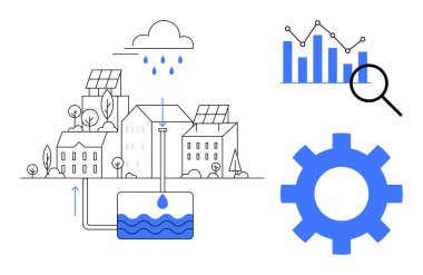 Güneş panelleri ve yağmur suyu tanklarına sahip şehir manzarası sürdürülebilirliği yansıtır. Grafik, büyüteç ve teçhizat analitik, izleme ve sistem optimizasyonunu temsil ediyor. Yeşil enerji ve su için ideal.