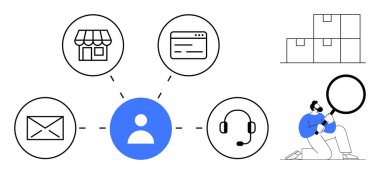 Merkezdeki müşteri simgesi bir mağazaya, web sayfasına, e- postaya, kulaklığa, büyüteçlere ve ürün kutularına bağlı. CRM, iletişim, müşteri desteği e-ticaret lojistik pazarlaması için ideal