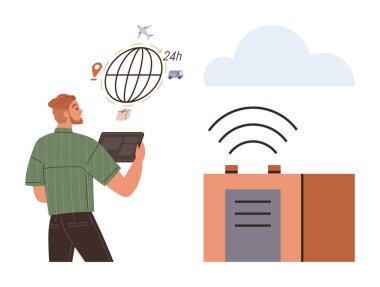 Elinde tablet tutan adam küresel lojistiği küresel lojistik ikonları, kuadkopter, kamyon ve bulut ile izliyor. Lojistik için ideal, akıllı teknoloji, kablosuz iletişim, otomasyon tedarik zinciri uzaktan kumandası