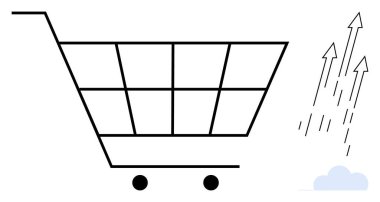 Bulutun üstündeki yukarı bakan oklar yanında alışveriş arabası, perakende büyümesini, iş başarısını, çevrimiçi alışverişi, ekonomik ilerlemeyi, trend analizini, e-ticareti ve stratejiyi simgeliyor. Ticari satış için ideal.