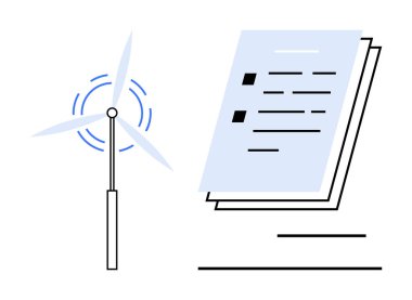 Rüzgar türbini bir yığın belgenin yanında enerji üretiyor. Sürdürülebilirlik, çevre stratejisi, yenilenebilir enerji, politika planlaması, çevre bilinci, yeşil yenilik, basit düz metafor