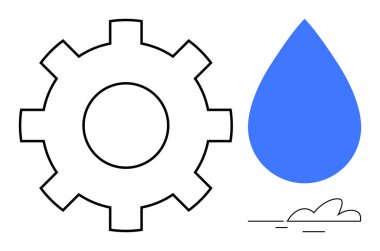 Katı mavi su damlası ve altında bulut bulunan siyah dişliler endüstriyel ve çevresel kavramları birleştiriyor. Sürdürülebilirlik, yenilik, süreç, su yönetimi, enerji, ekoloji ve sanayi için ideal