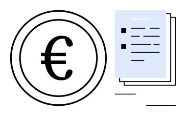 Finansal organizasyon, para politikası, raporlama, bütçe, bankacılık, muhasebe ve vergi uygunluğunu anlatan liste tarzı belgelerin yanında Euro sikkesi. Basit düz metafor