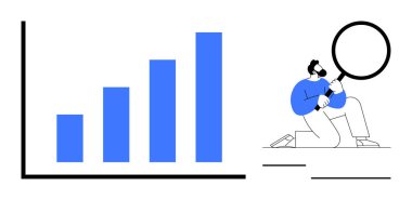 Büyüme çubuğu çizelgesi, büyüteç kullanarak veri analiz eden biriyle eşleştirildi. Analiz, içgörü, büyüme, araştırma, değerlendirme, ölçüm ve veri bilimi için ideal. Basit düz metafor