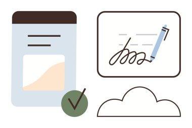 Belge dosyası, kalem imzası, bulut simgesi ve doğrulamayı gösteren kontrol işareti. Dijital sözleşmeler, kimlik doğrulama, çevrimiçi hizmetler, e-imzalar, bulut depolama iş çözümleri için ideal
