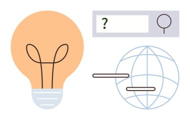 Küre ve arama çubuğuna sahip ampul buluşu, bilgi paylaşımını ve küresel online aramayı sembolize eder. Yenilik, yaratıcılık, teknoloji, İnternet kullanımı, eğitim, araştırma dijital için ideal