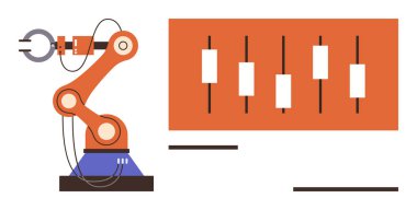 Otomasyon, imalat, teknoloji ve hassasiyeti gösteren ayarlanabilir kontrol panelinin yanında çalışan robot kol. Endüstri, robot bilimi, yenilik, mühendislik, programlama verimliliği için ideal