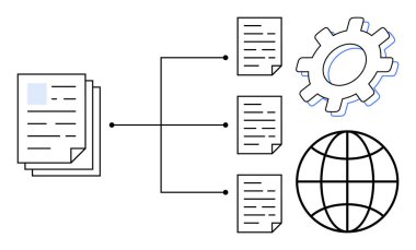 Çalışma akışını, dosya paylaşımını, otomasyonu, teknolojiyi, ağ oluşturmayı, küresel erişimi ve basit bir düz metafordaki organizasyonu temsil eden birden fazla dosyaya, dişli sembolüne ve küreye bağlı belge yığını