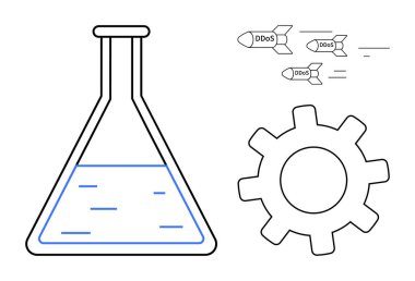 DDoS füzelerinin uçuşunu simgeleyen, siber güvenliği, teknolojiyi, yeniliği, denemeyi, korumayı, sistem yönetimini ve tehdit savunmasını simgeleyen basit bir düz bir dairede, vites ve sembollerin yanında sıvı bulunan şişe.