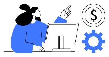 Bilgisayarda çalışan profesyonel bir kadın, verilere işaret ediyor. İş, teknoloji, analiz, finans, üretkenlik, yenilik başarısı için idealdir. Minimalist düz metafor