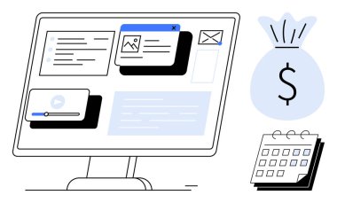 Açık medya ve e-posta uygulamaları olan masaüstü, zaman çizelgesi için takvim, bütçe için para çuvalı. İçerik oluşturma, görev planlama, organizasyon, finans, zaman yönetimi, üretkenlik için ideal düz
