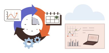 Saat, oklar, takvim, çizelge ve süreç gelişimini, dizüstü bilgisayar ve bulutlardaki veri eğilimlerini gösteren vitesli dairesel çalışma akışı. Üretkenlik, planlama, analiz organizasyon iş akışı için ideal