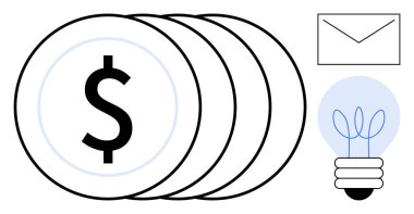 Dolar işaretli dört sikke, parlayan ampul ve zarf para, yenilik ve iletişimi sembolize ediyor. Ekonomi, yatırım, fikirler, e-posta pazarlama tasarrufu yaratıcı projeler için ideal