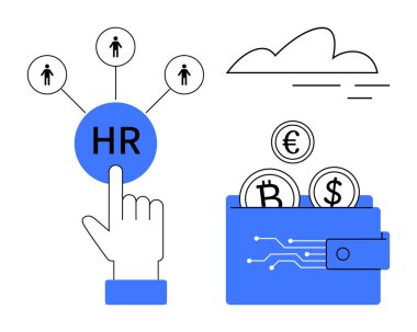 İnsan kaynakları ağ simgesi seçiliyor, çalışan avatarlarına, bulutlara ve şifreli dijital cüzdana bağlanıyor. HR teknolojisi, maaş bordrosu sistemleri, finans yönetimi, engelleme zinciri, bulut hesaplaması için ideal