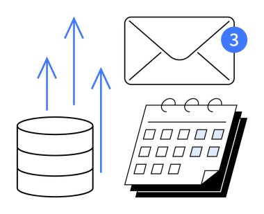 Veritabanından gelen oklar, okunmamış e-posta bildirimi ve takvim veri transferi, iletişim ve olay planlama öneriyor. İş akışı, verimlilik, otomasyon ve organizasyon için ideal