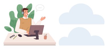 Masada bilgisayar, kalem ve gözlüklerle sohbet eden kulaklıklı biri. Müşteri desteği için ideal, çevrimiçi iletişim, uzaktan çalışma, teknoloji, takım çalışması, danışma