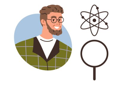 Sakallı, gözlüklü, ekose gömlek giyen, atom ve büyüteç takan bir adam. Bilim, araştırma, merak, eğitim, yenilik ve keşif teknolojisi için idealdir. Basit düz metafor