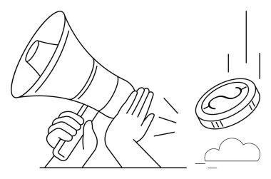 Eller, parasal sembolü olan bir bozuk para gibi ses çıkaran bir megafonu kavrıyor. Pazarlama, reklam, mali başarı, tanıtım, iş stratejisi, gelir büyümesi için ideal