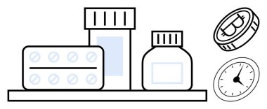 İlaç kutuları, tablet kabarcıkları ve rutin zamanlamayı gösteren bir saat. Sağlık, eczane, zaman yönetimi, organizasyon, tedavi planlaması, sağlık tavsiyeleri ve tıbbi rutinler için ideal