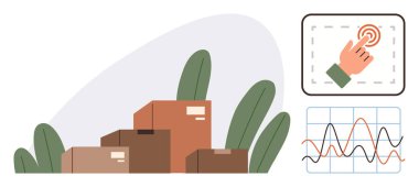 Yığınla yaprak dolu teslimat kutuları dokunmatik ekranda dokunmatik jest ve değişen veri grafiği. E-ticaret, denizcilik, analitik, lojistik yönetim, nakliye uygulamaları, veri uygulamaları için idealdir.