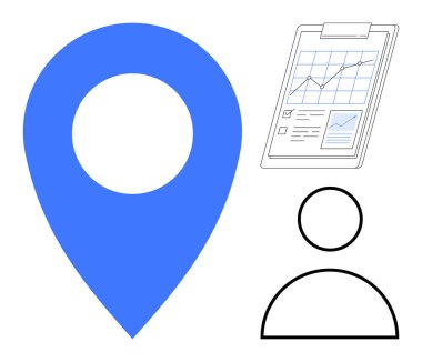 Mavi konum şifresi, minimal kullanıcı profili simgesi ve istatistiksel raporlu pano. İş izleme, analitik, navigasyon, müşteri hedefleme, veri görselleştirme, pazarlama için ideal