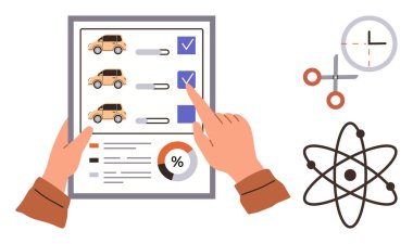 El işaretli kutular ve analitik çizelgelerle araba tercihlerini seçiyor. Saat, makas ve atom simgelerini içerir. Karar verme, analiz, bilim, zaman yönetimi ve otomobil için ideal