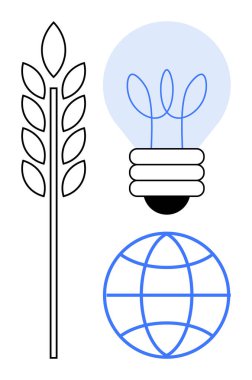 Buğday sapı, küre ve bitki filizli ampul çiftçiliği, yenilenebilir enerjiyi ve küresel bağlantıyı temsil eder. Sürdürülebilirlik, ekoloji, teknoloji, tarım yeşil enerji için ideal