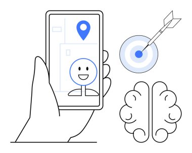 Cep telefonunda GPS pimi, ekranda gülümseyen yüz, oklu hedef ve beyin çizgisi. Teknoloji, navigasyon, yenilik, odaklanma duyguları başarı ve farkındalık temaları için idealdir. Basit düz