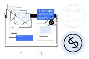 E- postaları, ikili verileri, göz simgesi, dolar işareti ve küresi olan bilgisayar ekranı. Siber güvenlik, e-posta pazarlama, veri izleme, küresel bağlantı finansman teknolojisi dijital iletişim için ideal