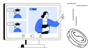 Mezuniyet şapkalı öğrencilerle bilgisayar ekranında canlı ders sırasında sunum yapan öğretmen. Eğitim, uzaktan öğrenme, e-öğrenme, bilgi paylaşımı ve sanal iletişim için ideal