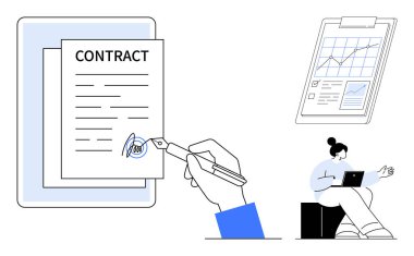 Elle kontrat imzalamak, panoya analitik raporlar yazmak, dizüstü bilgisayar kullanan biri. Kontrat yönetimi, iş anlaşmaları, uzaktan çalışma, veri analizi, üretkenlik, takım çalışması için ideal basit düz