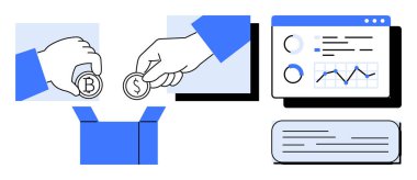 Paraları bir kutuya koyan eller. Mali tabloları ve ölçümleri gösteren bir ekranın yanına. Bağış toplama, yardım, finans, kitle fonlama, bütçe, analitik ve strateji için ideal. Basit bir daire.