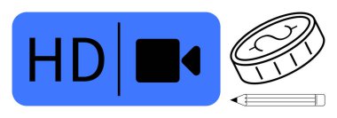Bozuk para ve kalemin yanında HD video sembolü medya kalitesi, yaratıcılık, değer ve üretim kavramlarını ön plana çıkarıyor. İçerik oluşturma, multimedya, eğitim, tasarım, finans yeniliği için ideal basit