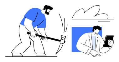 Yapılandırılmış işbirliği için elinde tablet bulunan bir kazma kullanan bir adam. Teknoloji, takım çalışması, yenilik, el emeği, ilerleme, ortaklık, problem çözme için ideal. Basit düz metafor