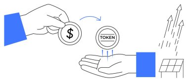 Güneş paneli ve finansal büyüme oklarıyla resmedilmiş el ele para değiş tokuşları. Engelleme zinciri, yenilenebilir enerji, yatırım konsepti, kripto para birimi, sürdürülebilirlik için ideal
